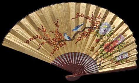 Large Hand-Painted Decorative Asian Fan with Birds and Blossoms
