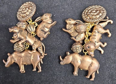 Vintage Animal Totem Clip-On Earrings in Antiqued Bronze Tone
