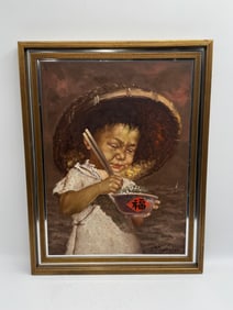 Child with Chopsticks by H.P. Wang (Chinese) Oil on Canvas
