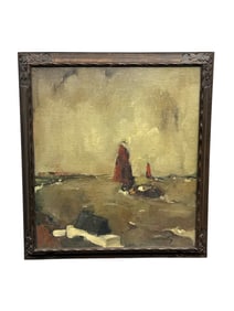 Evocative Impressionist-Style Oil Painting, "Figures in a Marsh Landscape," Late 19th/Early 20th