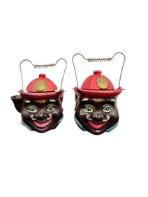 Pair of Vintage Black Americana Painted Metal Fireman Head Tea Kettles / Clown Face Teapots –