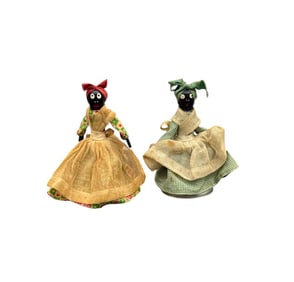 Pair of Vintage Mammy Figural Bells – Cloth-Dressed Black Americana – Mid-Century