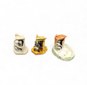 Lot of 3 Antique Novelty Miniature Outhouse Figurines – Humorous Ceramic Privy Scenes, Early 20th
