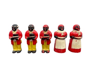 Set of 5 Vintage Black Americana Salt & Pepper Shakers – Chalkware Servers & Cooks, 1930s–1950s