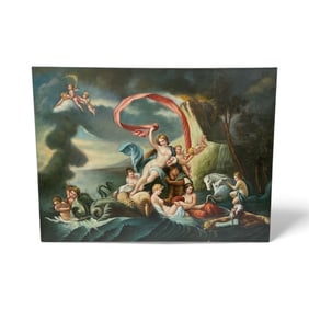 Large Mythological Oil Painting After Classical Master – Cherubs, Nymphs & Sea Gods Scene