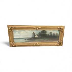 Antique Coastal Lighthouse Landscape Painting in Ornate Gilt Frame