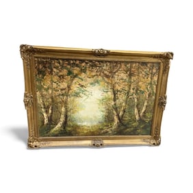 Signed Forest Path Landscape Oil Painting in Ornate Gilt Frame