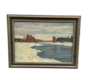 E. Haug Signed Winter River Landscape Oil Painting