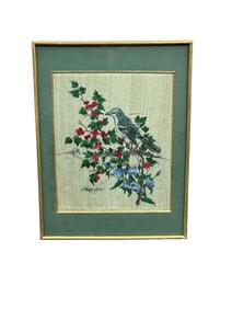 Framed Vintage Needlepoint Mockingbird & Floral Textile Art