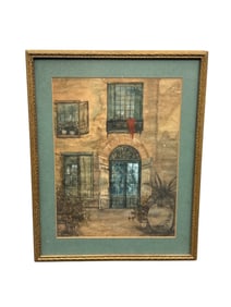 Framed Architectural Watercolor of Mediterranean Courtyard Facade – European Style Building Scene