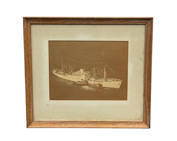 Framed Vintage Nautical Photograph of Cargo Ship at Sea – Maritime Black & White Image