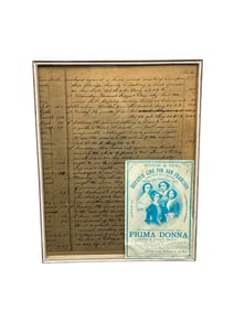 Framed Antique Handwritten Document with Prima Donna Opera Sheet Music Cover
