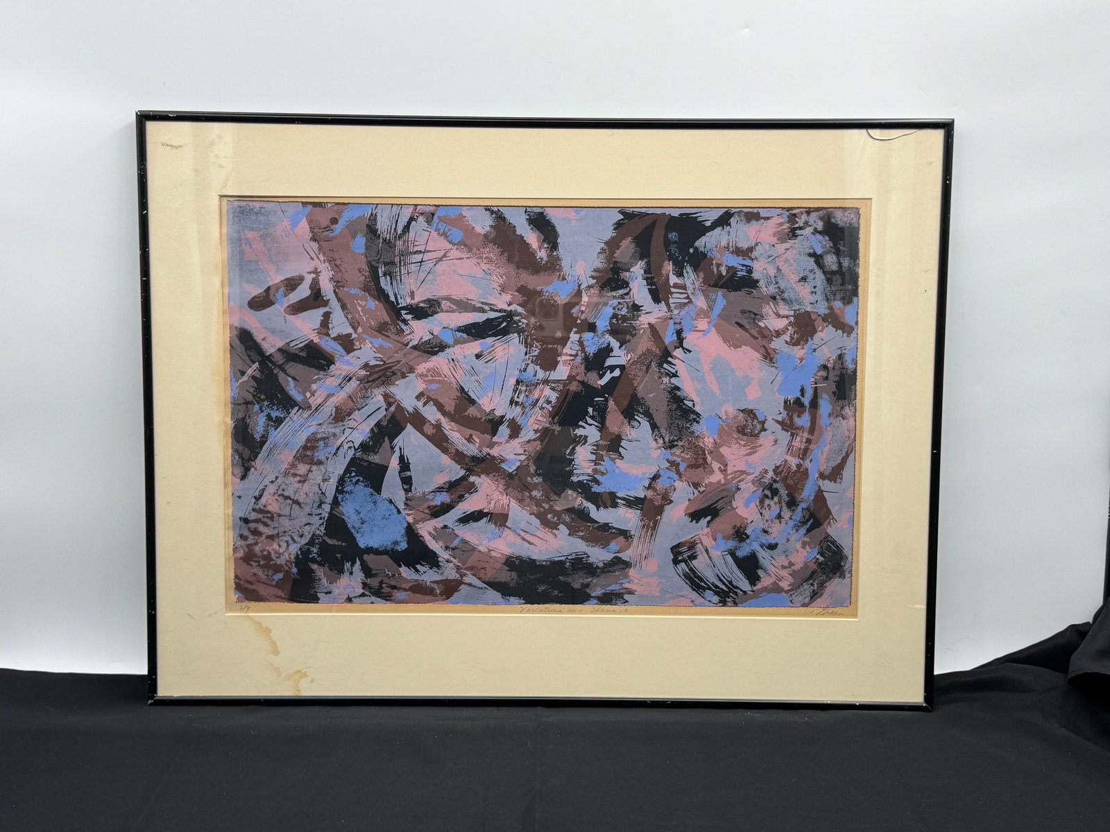Editions D'Art Helene Hazera Abstract Lithograph: Description: Editions D'Art Helene Hazera abstract lithograph. Features bold brushstrokes in shades of blue, pink, and black. Signed in pencil lower right. Numbered 3/9 lower left. Medium: Lithogr