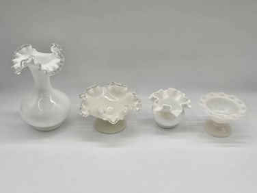 Four Fenton Milk Glass Ruffled Edge Pieces