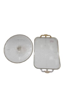 Set of Etched Glass Serving Pieces with Gold Trim