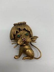 Vintage Gold Tone Cat Brooch with Green and Red Stone Accents