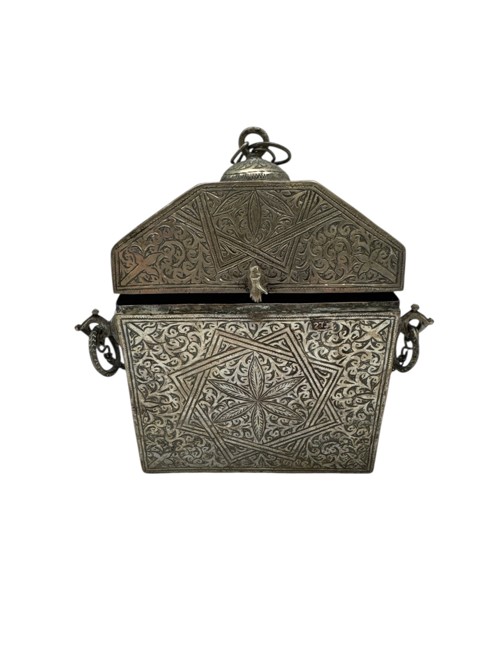 Antique Engraved Metal Lidded Box with Hanging Handles (1 of 3)