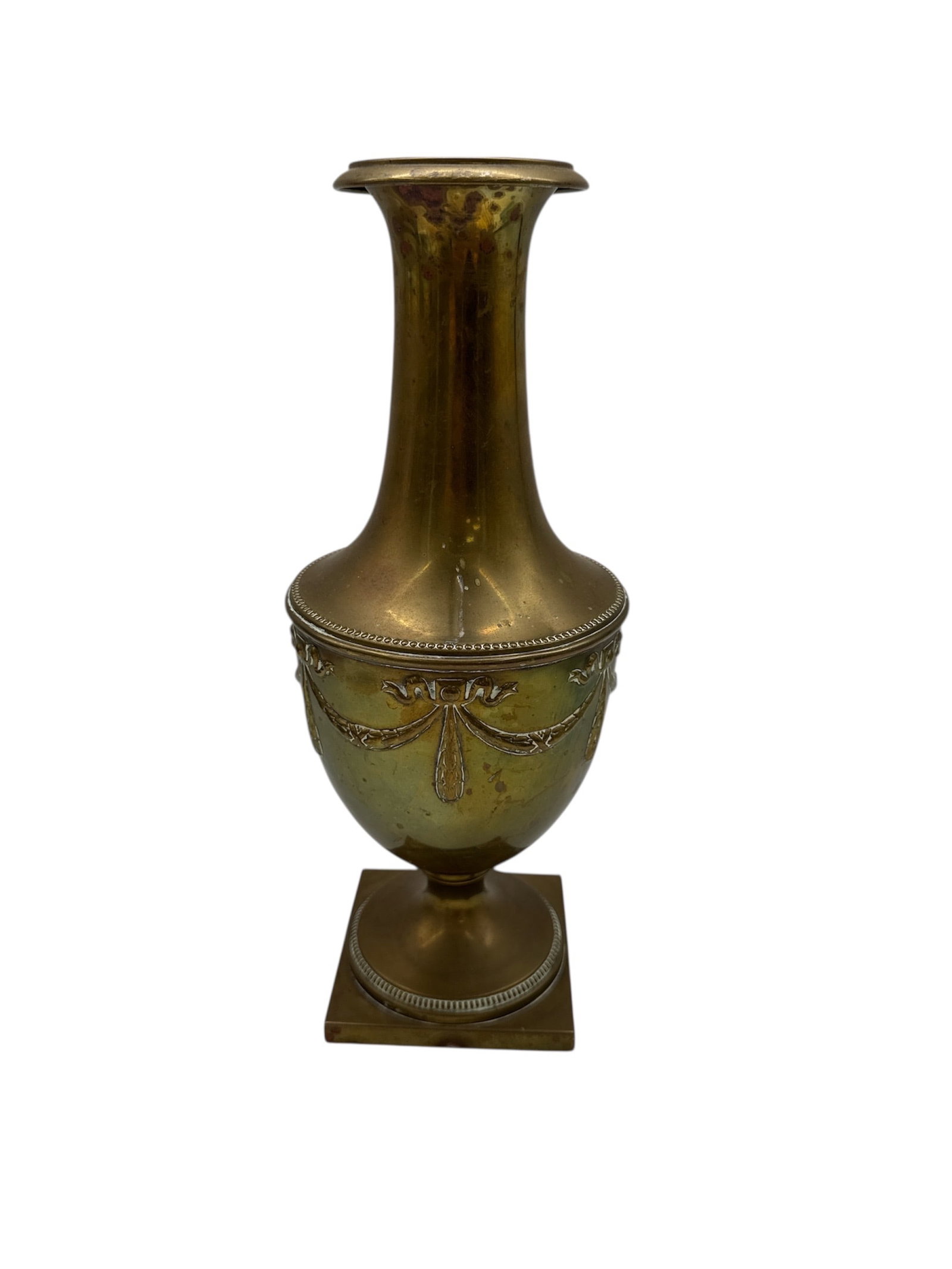 Antique Neoclassical Style Bronze Urn Vase with Ribbon Swag Decor: This striking antique neoclassical style vase is crafted from heavy cast bronze and features a graceful elongated neck transitioning into a bulbous body. The midsection is prominently decorated with d
