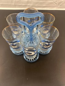 Vintage Blue Glass Tumbler Set with Wire Carrier - Coronation of Queen Elizabeth