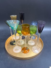 Set of 9 Vintage Murano Style Multi-Colored Art Glass Stems with Platter