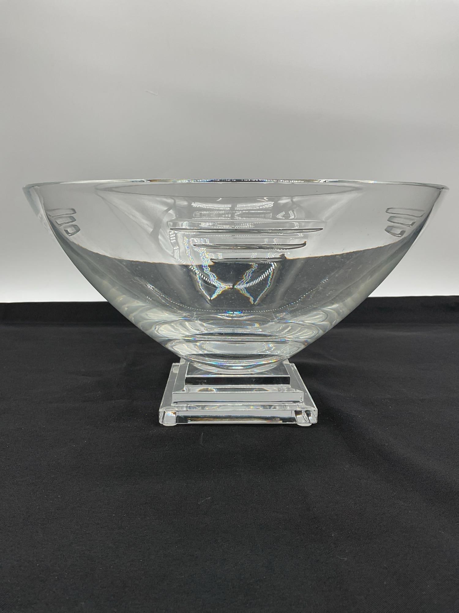 Waterford Christy McGrath Crystal Modern Round Center Bowl with Original Box: Elegant round crystal centerpiece bowl by Waterford, featuring a sleek contemporary design with subtle geometric cuts. Comes in its original Waterford-branded protective box with foam inserts for safe