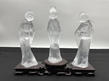 RARE Lladro Daiza G Frosted Crystal Geisha Figurine Trio with Silk Box