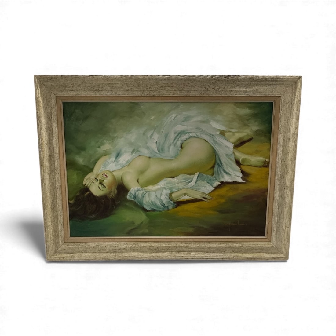 Reclining Nude by William Lee (American) Oil on Canvas: Oil on canvas painting of a reclining nude figure, signed 'William Lee' lower right. Framed. Dimensions: H: 31.5 in, L: 43.5 in.