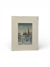 Original Russian Miniature Painting of Smolensk Orthodox Church in Winter
