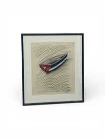 Contemporary Cuban School Mixed Media Drawing of a Boat with National Flag