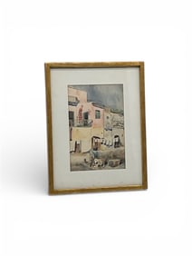 Historic European Village Scene Watercolor by Baskerville 1933