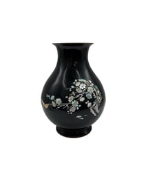 Vintage Black Lacquer Mother of Pearl Inlay Vase