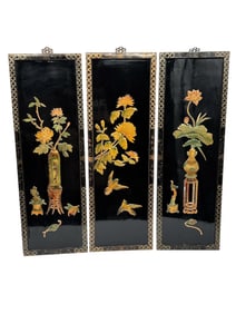 Set of Three Chinese Black Lacquer Wall Panels with Stone Inlay