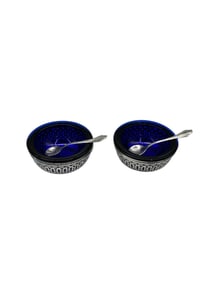 Pair of Sterling Silver & Cobalt Glass Salt Cellars with Matching Sterling Spoons, Signed