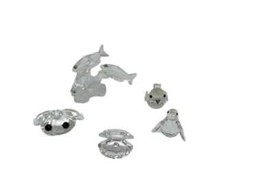 Swarovski Crystal Miniature Figurine Group – Penguin, Frog Prince, Clamshell & Sea Creatures (Set