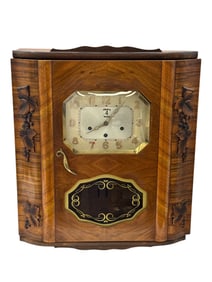 Vintage Art Deco Wall Clock with Carved Wood Case and Glass Door