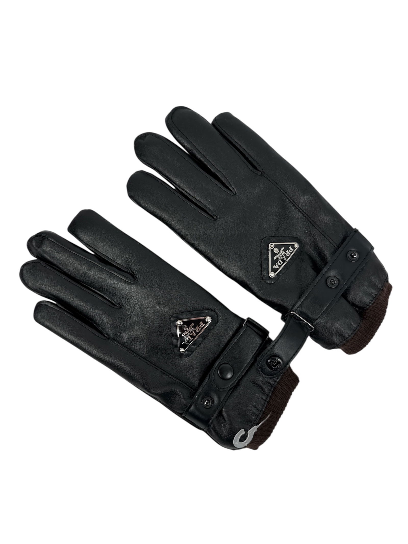 Prada Black Leather Gloves with Triangle Logo (1 of 2)