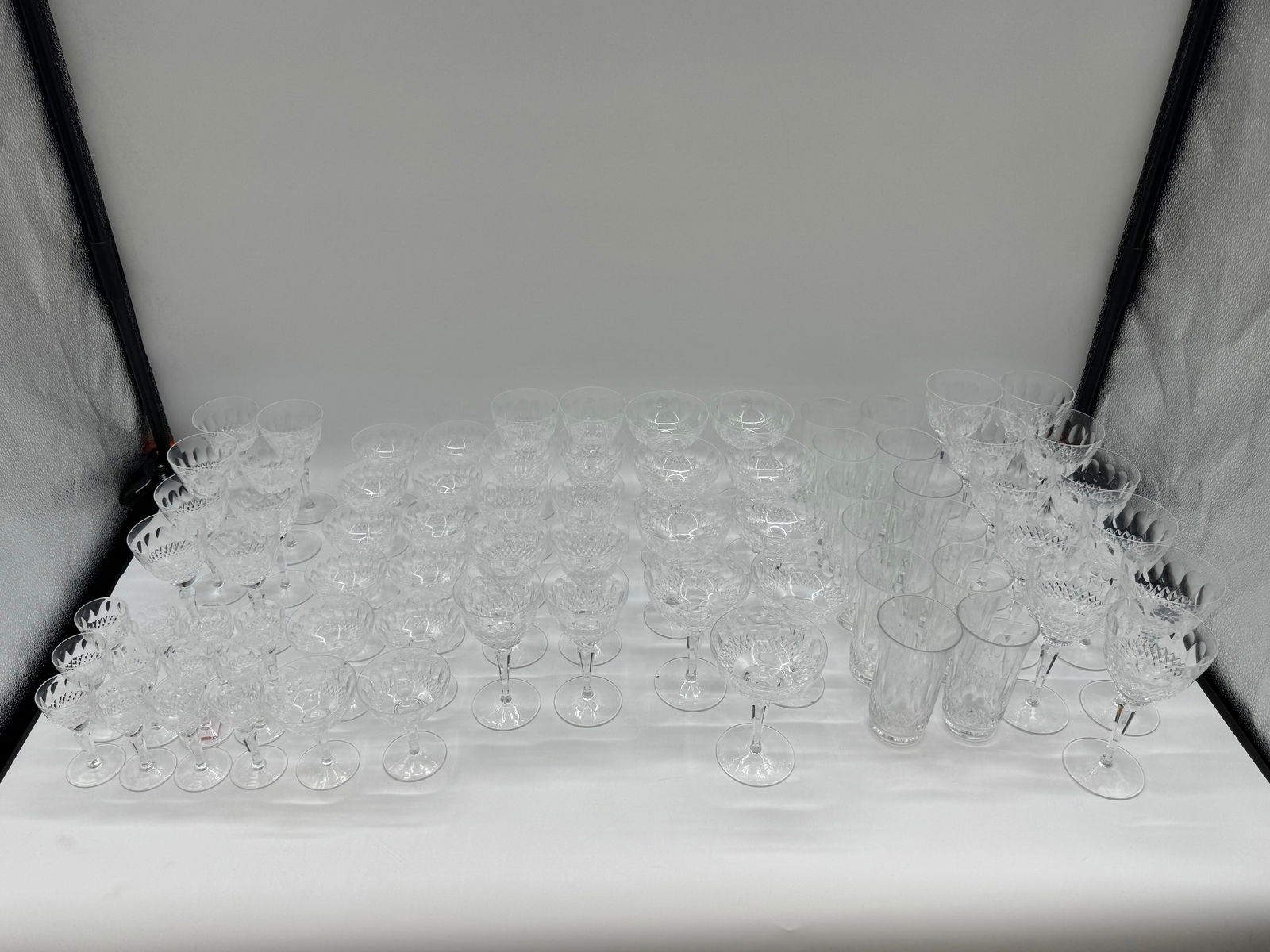 Crystal Stemware Set, 74 Pieces: Large set of crystal stemware, including stemmed glasses and tumblers. Completes a service set for 8. Extra pieces added to 74 pieces total. Ideal for entertaining or adding elegance to your barware c