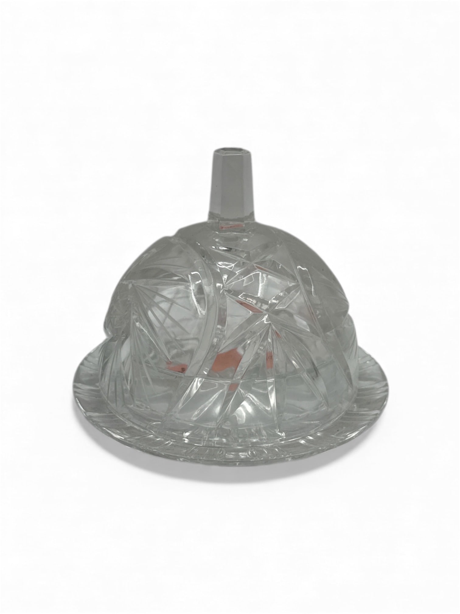 Cut Crystal Butter Dish with Lid: Cut crystal butter dish with a domed lid and a circular base. The crystal features a starburst pattern. Height 5 inches, diameter 6 inches.