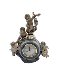 Rare Retired LLADRO "Angelic Time" #5973 Porcelain Figural Mantel Clock with Cherubs & Flowers,
