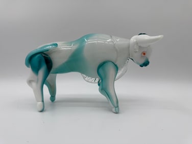 Murano Glass Bull Figurine, White and Teal