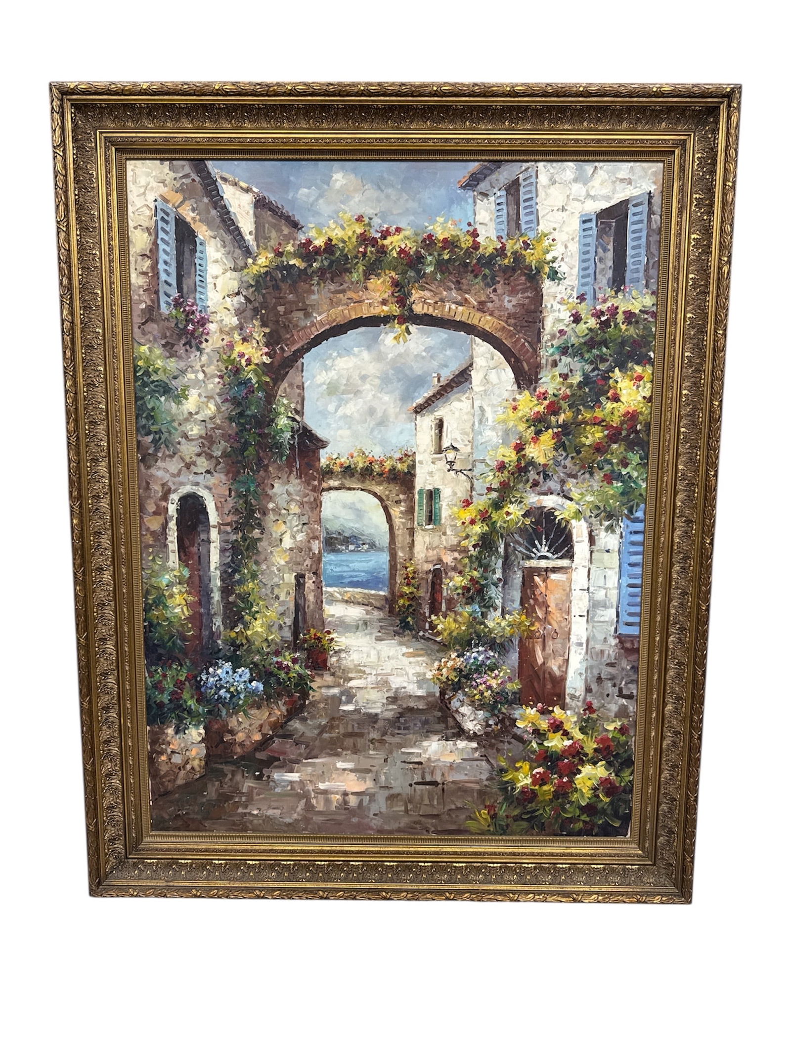 Vibrant Impressionist Italian/Mediterranean Coastal Village Scene Oil Painting on Canvas, Signed: Description: This is a beautiful, original oil painting on canvas signed by the artist "Petrini" (lower r