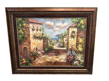 Monumental Italian Coastal Village Scene, Signed "Petrini" (20th Century, Oil on Canvas)