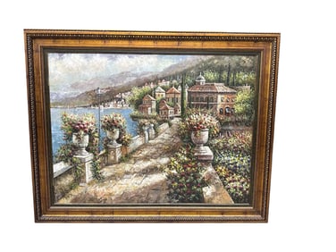 "Sun-Drenched Mediterranean Terrace" Original Signed Impressionistic Oil Painting