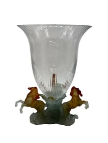 Daum France Crystal Vase with Horse Motif Sculptural Base, Original Box