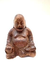 Hand-Carved Wooden Laughing Buddha Figurine