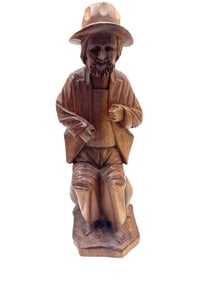 Hand-Carved Wooden Figure of a Seated Bearded Man