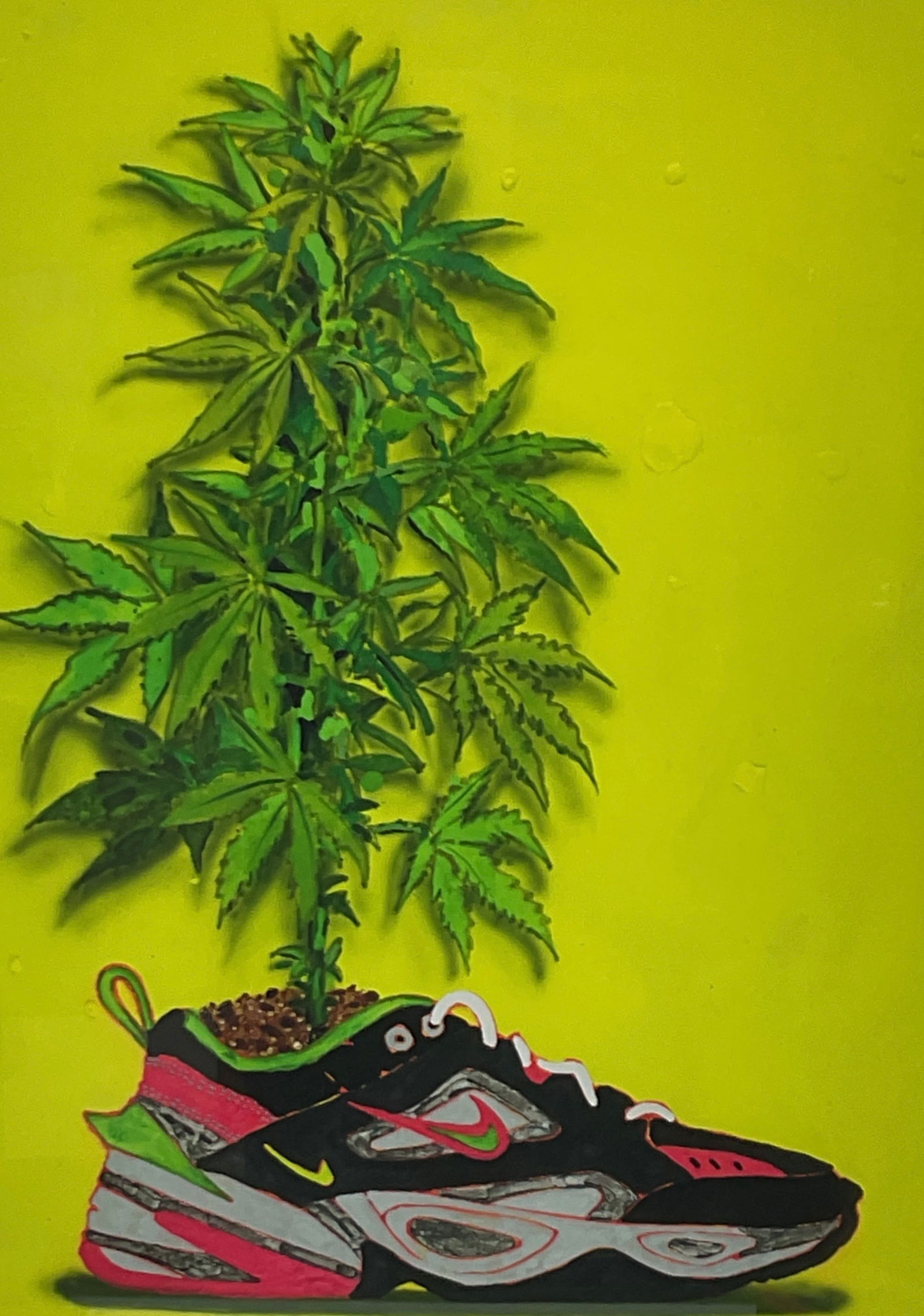 Figueroa OG Kermit Magic Dragon in My Shoes Limited Edition Mixed Media Artwork: This contemporary mixed media artwork titled OG Kermit Magic Dragon in My Shoes is by artist Figueroa and presents a bold, surreal composition that blends street art and pop surrealist influences.