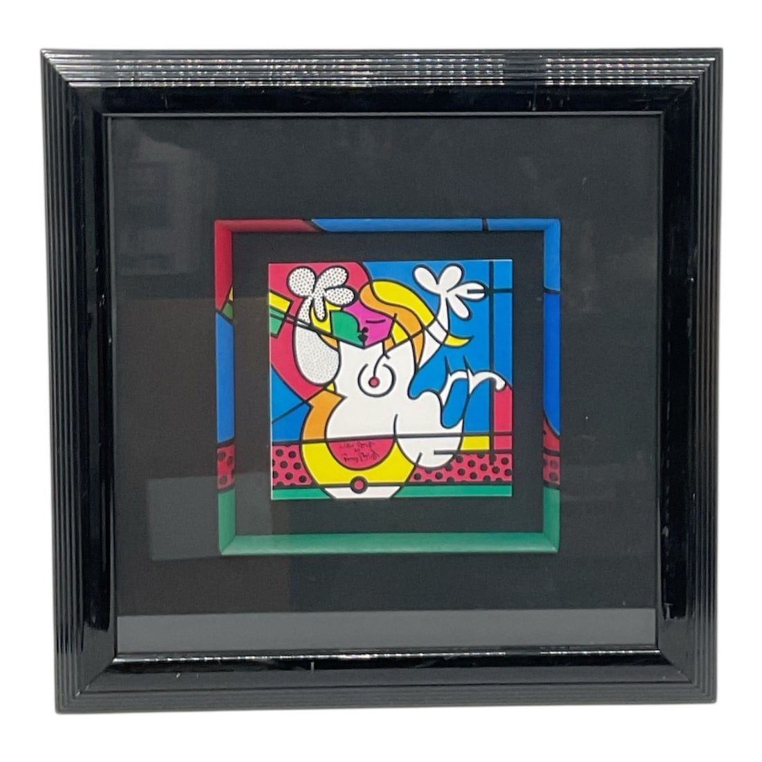 Romero Britto Little Britto Pop Art Framed Artwork: This authentic Romero Britto artwork titled Little Britto exemplifies the artist’s signature pop art style, characterized by bold black outlines, vibrant color blocking, and playful decorative