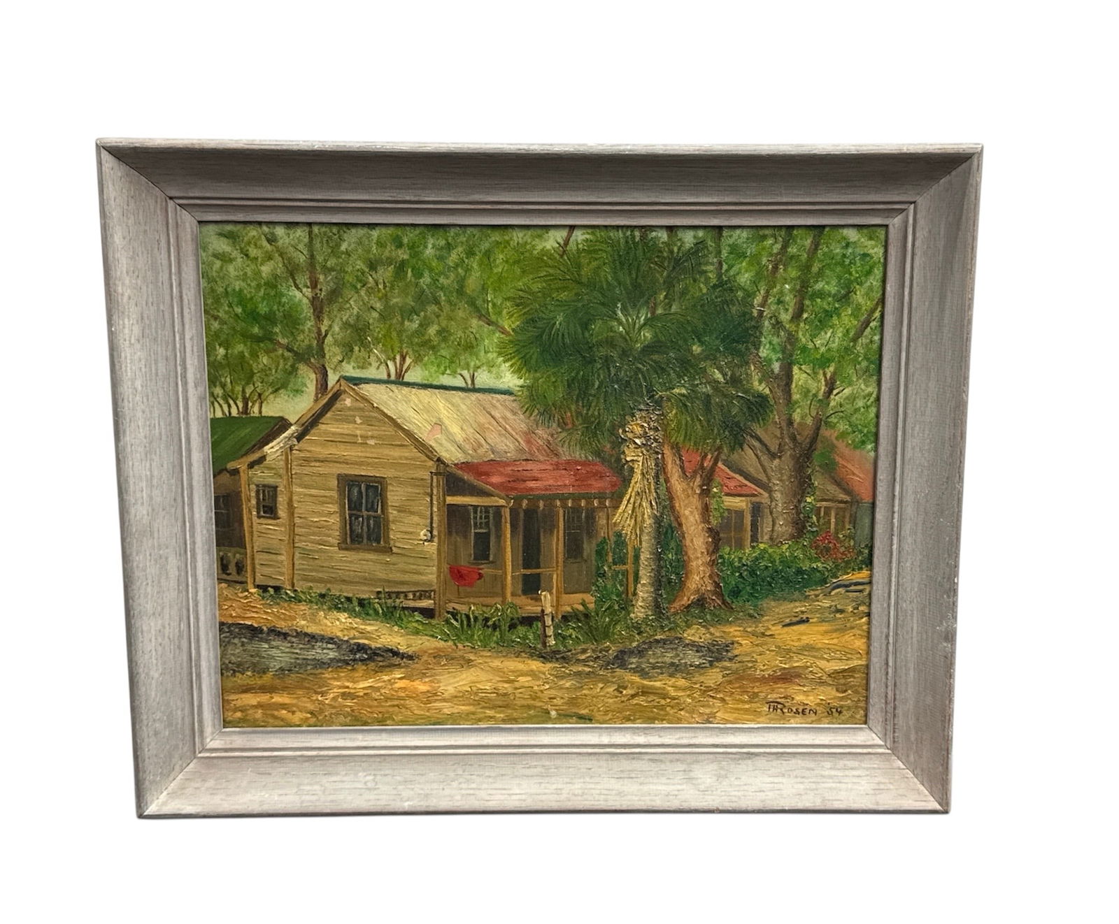 Signed Landscape Painting Rosen '54 Framed Cottage Scene: This original framed landscape painting depicts a rustic cottage surrounded by mature trees and lush greenery, rendered with expressive brushwork and textured impasto. The scene conveys a quiet rural