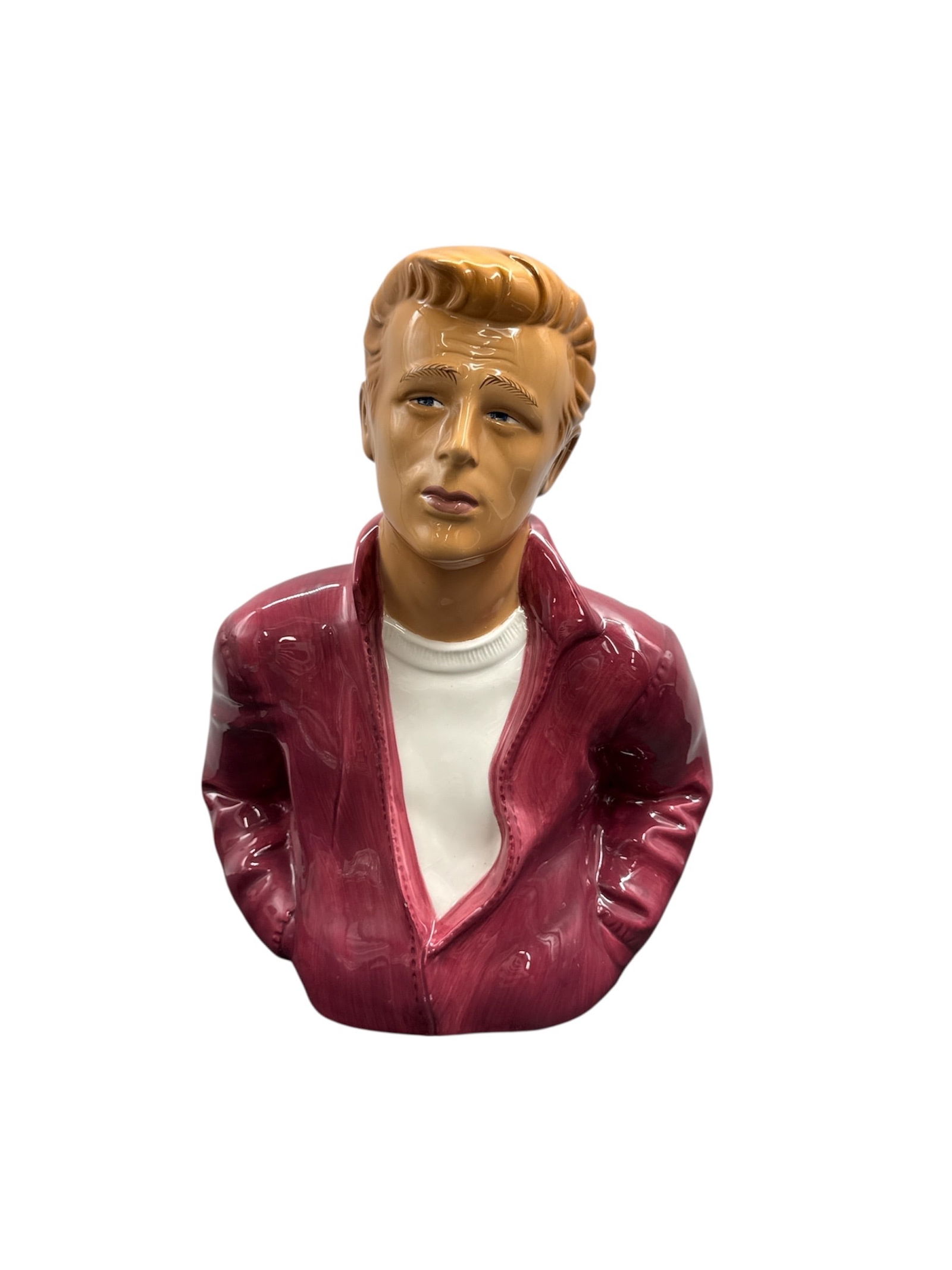 James Dean Bust Planter After Iconic Rebel Without a Cause Look: Decorative ceramic bust planter depicting actor James Dean in his iconic mid-century look, inspired by his appearance in Rebel Without a Cause. The piece features a detailed sculpted face with blond